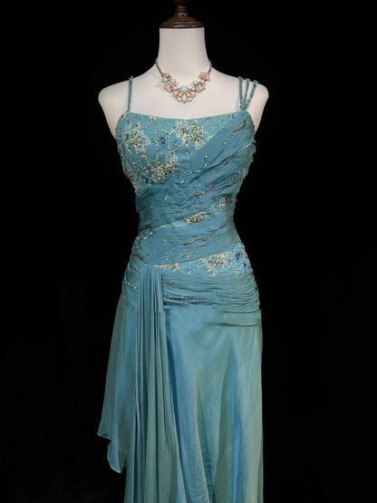 Vintage Prom Dresses A Line 2000s Spaghetti Strap Blue Chiffon With Beading Lace Long Formal Dress N2459
