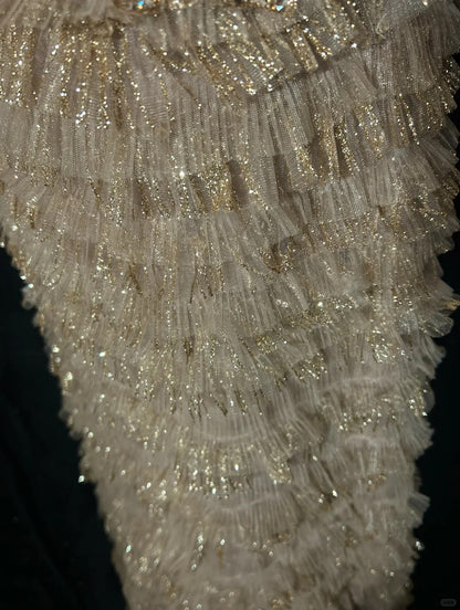 Vintage Prom Dresses A line Spaghetti Strap Gold Lace With Sleeves 80s Evening Formal Dress RB3268
