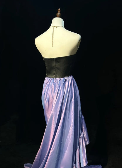 Vintage Prom Dresses High Low Strapless Lilac Black Satin 1990s Formal Evening Gown N2653