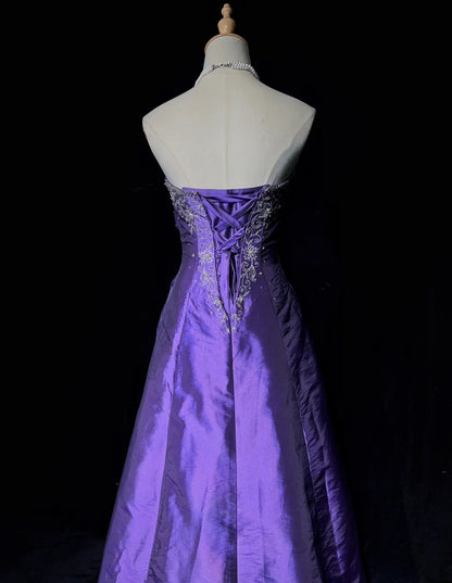 Vintage Prom Dresses Ball Gown Strapless Purple With Gold Lace Applique 80s Long Formal Evening Outfits N3886