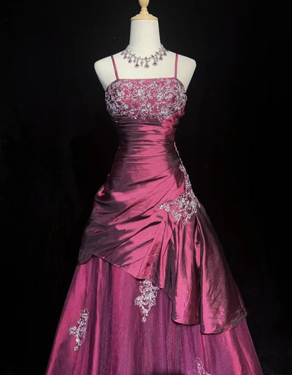 Vintage Prom Dresses Ball Gown Spaghetti Strap Fuchsia Sleeveless Taffeta 90s Long Formal Gown N2878