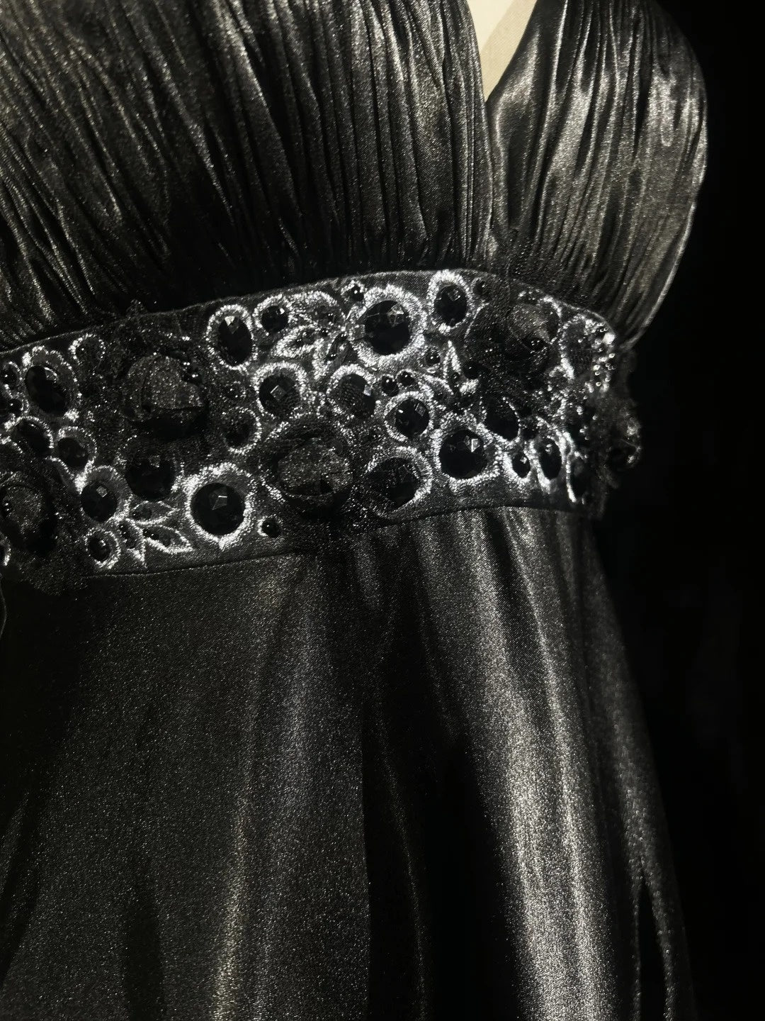 Vintage Prom Dresses A line Empire Black Satin With Beading 1980s Long Formal Gown N2624