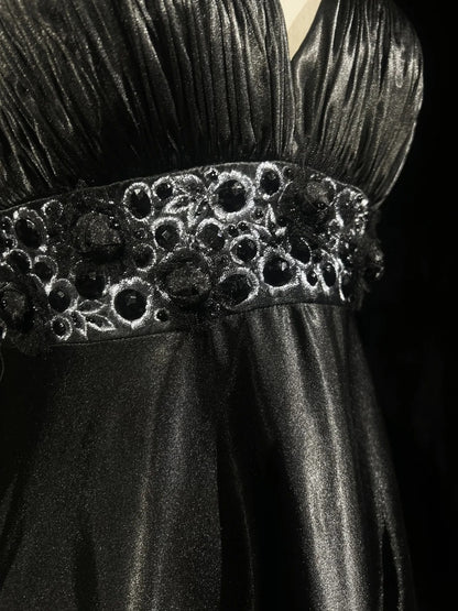 Vintage Prom Dresses A line Empire Black Satin With Beading 1980s Long Formal Gown N2624