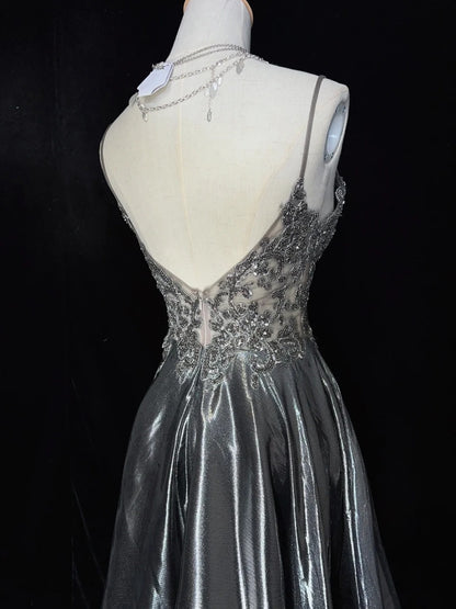 Cute A Line Spaghetti Strap Grey Lace Ideas For Women Short Birthday Dresses Mini Homecoming Outfits N3344