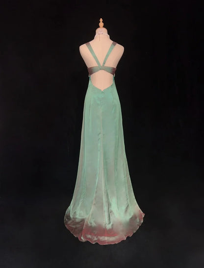 Vintage Prom Dresses A line Sweetheart With Straps Green Chiffon Sleeveless 1990s Long Formal Evening Gown N2634