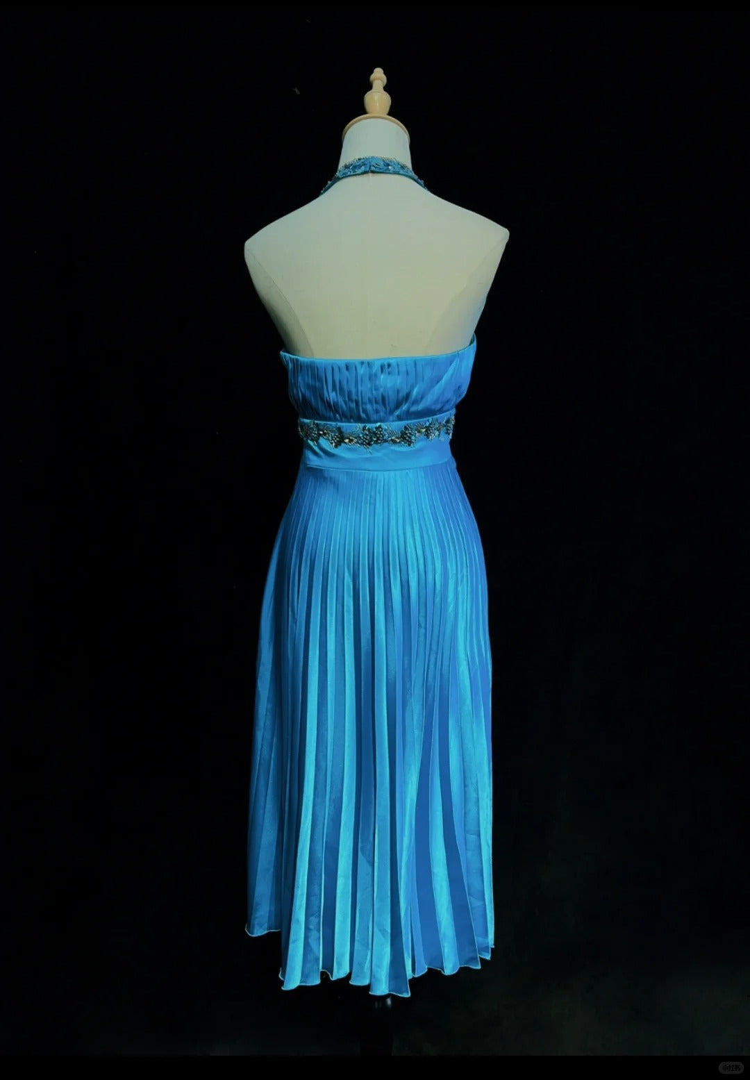 Vintage Prom Dresses A line Halter Blue Satin With Beads Mid Length 80s Formal Gown N2581