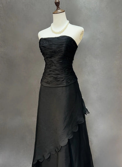 Vintage Prom Dresses A line Strapless Black Tie Dress Sleeveless 1990s Long Formal Evening Gown N2635