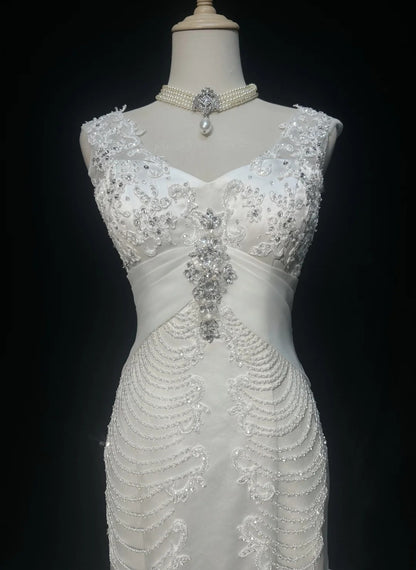 Vintage 90s Wedding Dresses Mermaid V Neck Tiered Layers White Beading Summer Garden Long Bridal Gown N3826