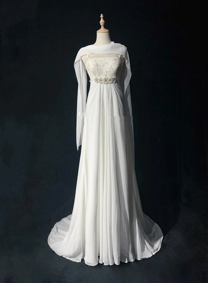 Timeless Wedding Dresses A Line Spaghetti Strap White Chiffon With Beaded Long Bridal Gown N3018