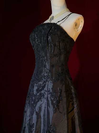 Modest Prom Dresses Inspo A line Spaghetti Strap Black Satin With Appliqued For Women Formal Dress N3214