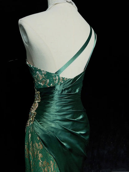 Vintage Prom Dresses Inspo Mermaid One Shoulder Dark Emerald Green 1990s With Gold Lace Formal Gowns N3320