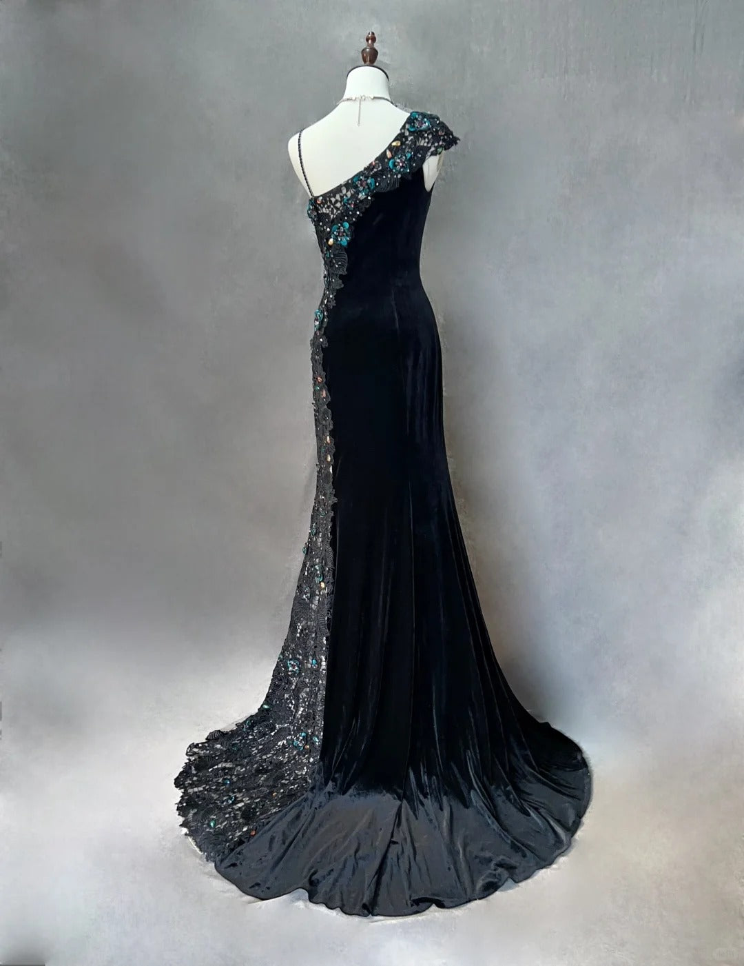 Vintage Prom Dresses Mermaid One Shoulder Black Velvet Sequin With Split Long 70s Formal Gown N2579