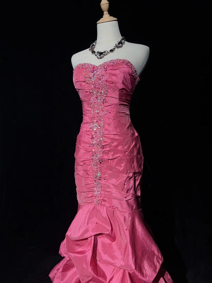 Vintage Prom Dresses Mermaid Sweetheart Pink Satin With Tiered Layers 90s Long Evening Gown N2916