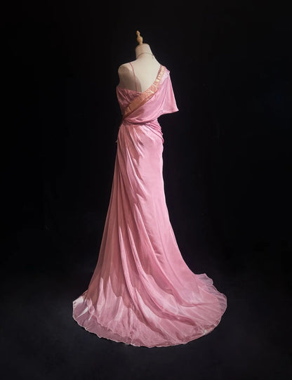 Vintage Prom Dresses Mermaid Pink Chiffon With Beading Applique 1970s Long Formal Gown N2620