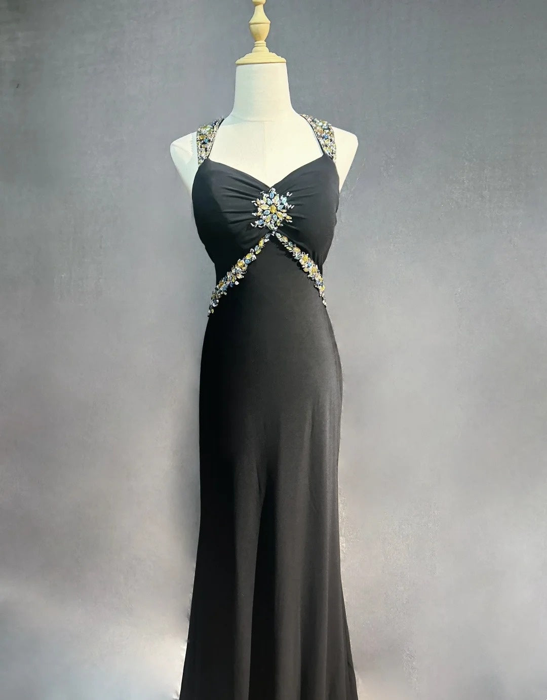 Vintage Prom Dresses Mermaid Halter Black Tie Dress Satin 70s With Beading Backless Long Formal Gown N2519