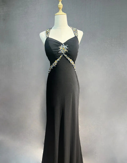 Vintage Prom Dresses Mermaid Halter Black Tie Dress Satin 70s With Beading Backless Long Formal Gown N2519