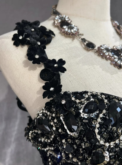 Vintage Prom Dresses Inspo Mermaid Spaghetti Strap Black Long 1990s With Beaded Appliqued Formal Gowns N3378