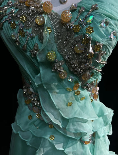 Vintage Prom Dresses A Line One Shoulder Mint Green 70s With Ruffles Chiffon Long Formal Party Dress N2525