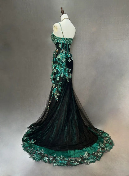 Vintage Prom Dresses Inspo Mermaid Spaghetti Strap Black Tulle Blue Lace With Beading For Women Formal Dress N3216