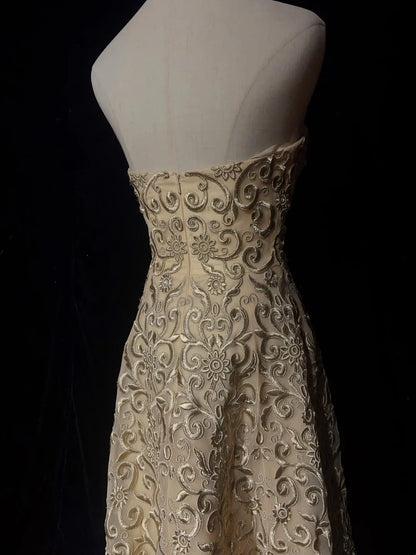 Vintage Prom Dresses A Line Strapless Gold Lace Sleeveless 1990s Long Formal Evening Gown N2639
