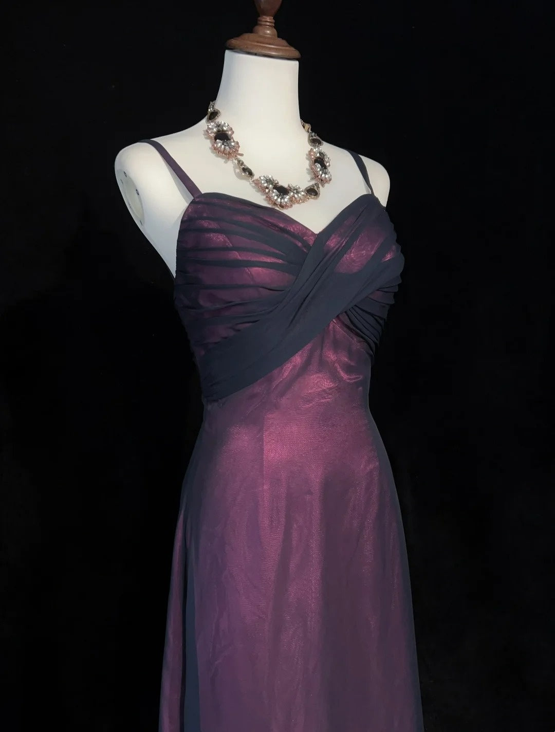 Vintage Prom Aesthetic Dresses A Line Spaghetti Strap Burgundy Black Chiffon Long Formal Dress N3016
