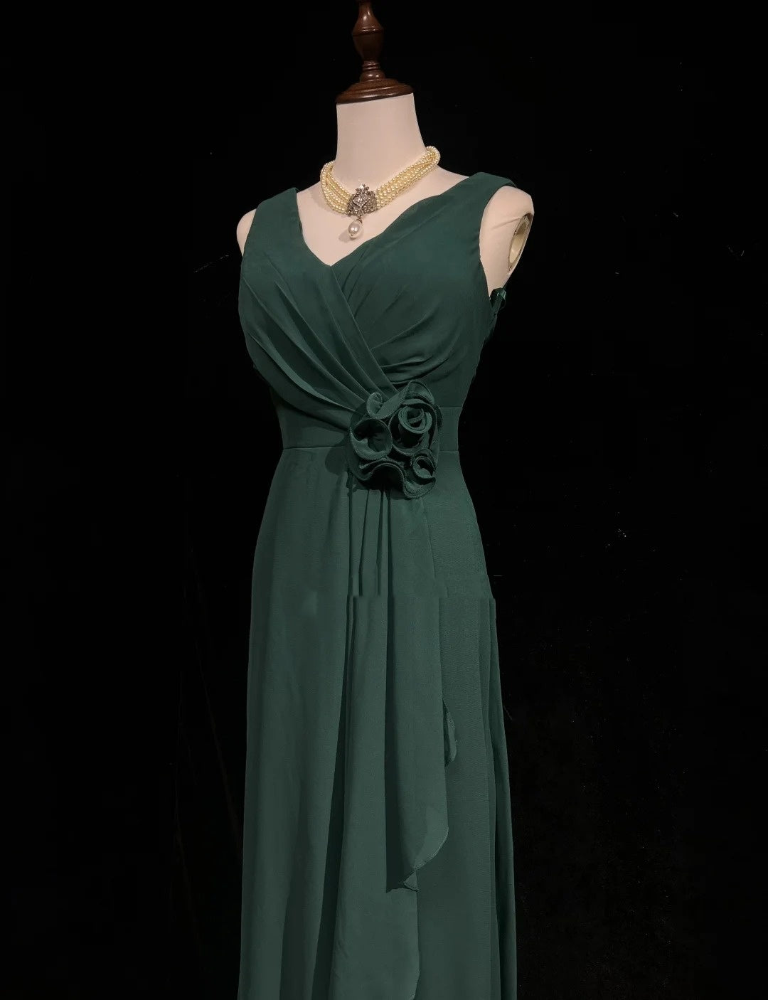 Simple Prom Dresses A line V Neck Dark Green Chiffon Floor Length Ruffled Formal Evening Dress N3686