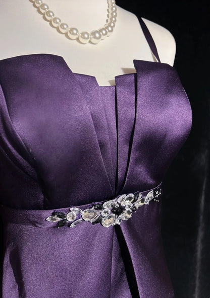 Simple Prom Dresses A Line Spaghetti Strap Grape Tea Length Formal Party Dress N2530