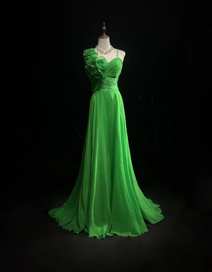 Vintage 90s Prom Dresses A Line One Shoulder Green Chiffon With Flowers Long Prom Gown N3061