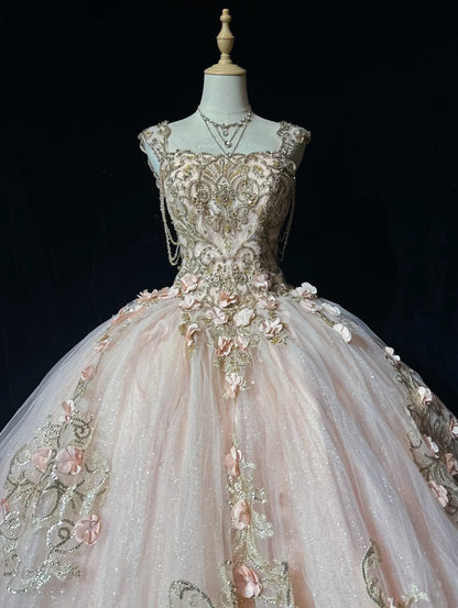 Princess Lace Square Neck Blush Pink Sweet 16 Dress Ball Gown Sleeveless Sweet Sixteen Dress RC0078