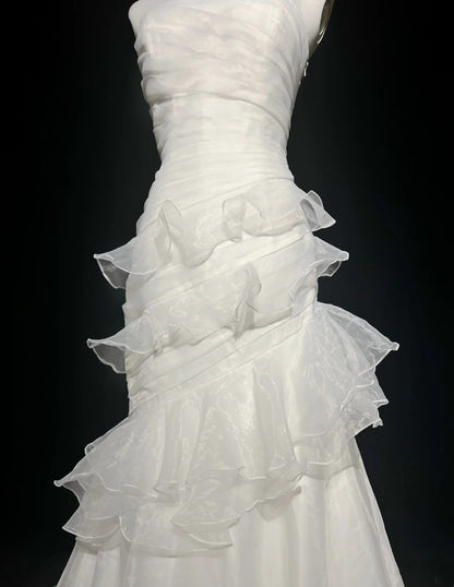 Unique Wedding Dresses Mermaid Strapless Sleeveless White Long Bridal Gown N3125