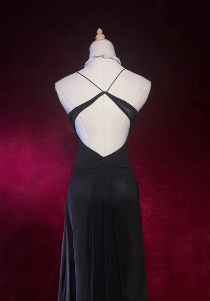 Vintage Prom Dresses A Line Spaghetti Strap Black Tie Dress With Beads 80s Long Formal Gown N2730