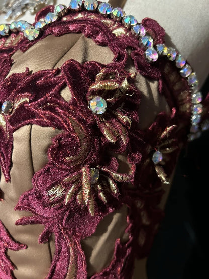 Princess Prom Dresses Mermaid Spagehtti Strap Champagne With Burgundy Embroidery Evening Long Dress N3291