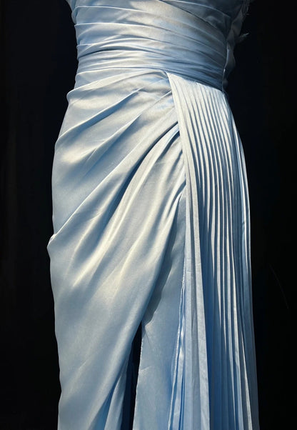 Light Sky Blue Prom Dress Inspo Mermaid Straps With Appliqued Slit Modest Long Formal Party Gown RC0082