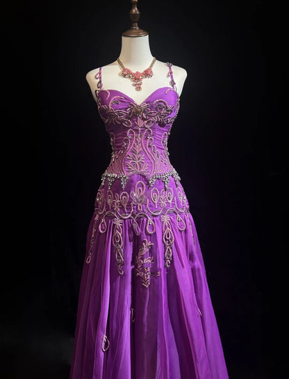 Vintage Prom Dresses Mermaid Spaghetti Strap Purple Chiffon With Beads Appliques Floor Length 80s Formal Gown N2583
