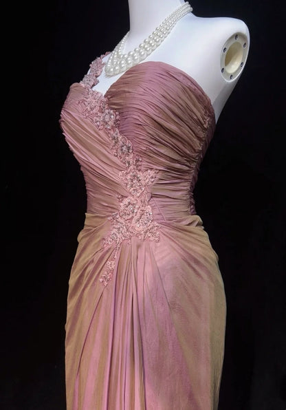 Vintage Prom Dresses Sheath One Shoulder Pink With Appliques 1960s Long Formal Gown N2608