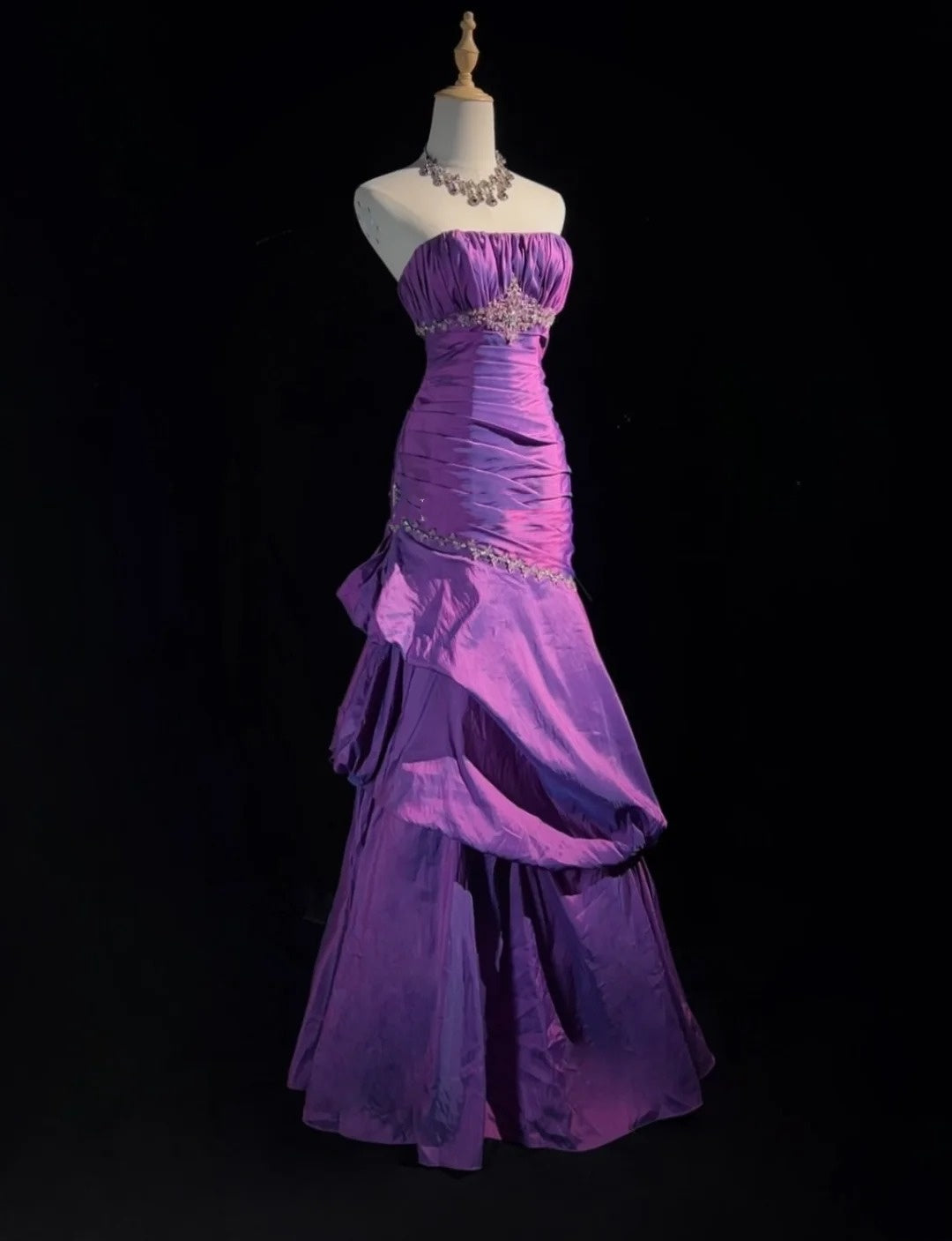 Vintage Prom Dresses Mermaid Strapless Taffeta Purple With Beading 1980s Long Formal Gown N2625