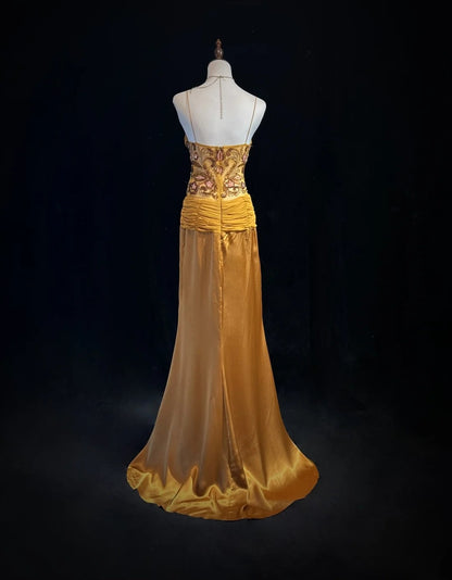 Vintage Prom Dresses Mermaid Spaghetti Strap Gold With Ruffle Beads Chiffon 90s Formal Gown N2588