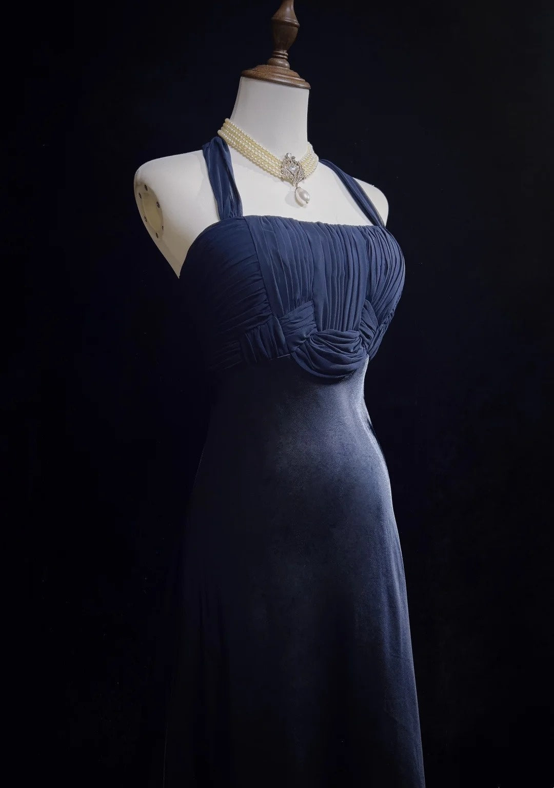 Vintage Prom Dresses Mermaid Halter Navy Blue Chiffon Satin 1990s Formal Evening Gown N2655