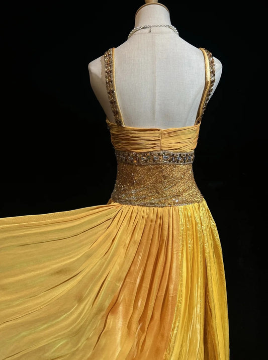Elegant A line Square Yellow With Beading 18th Birthday Elegant Outfit Formal Prom Dresses N4198