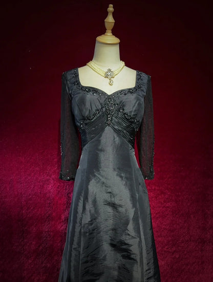 Charming Prom Dresses A Line Black Tie Dress With Embroidered Beaded Long Sleeves Formal Evening Outfits N3694