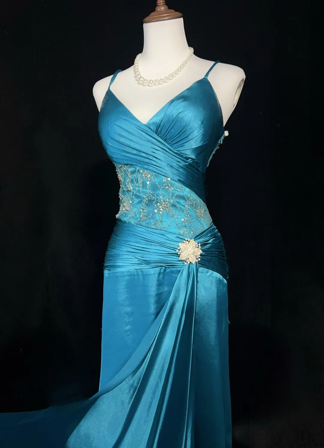 Vintage Prom Dresses Mermaid Spaghetti Strap Blue Satin 1990s Long Formal Evening Gown N2643