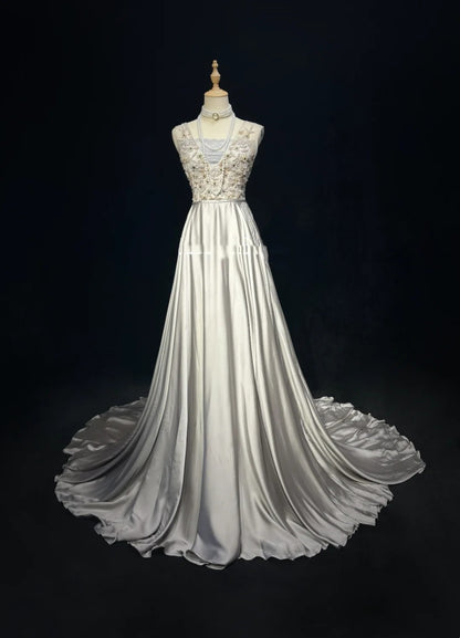 Vintage Prom Dresses A Line Silver Satin V Neck With Beading Long Formal Dress N2454