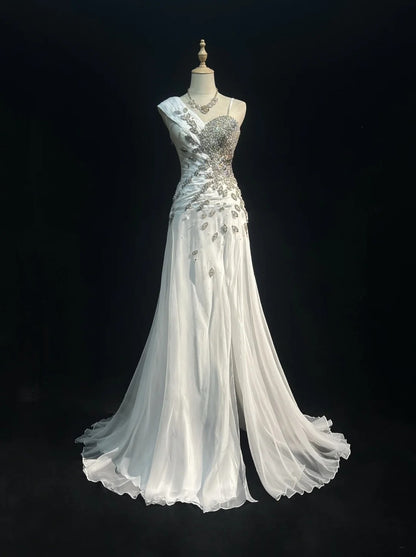 Vintage 90s Prom Dresses Mermaid White Chiffon With Ruffled Silver Beads Long Prom Gown With Cape N3035