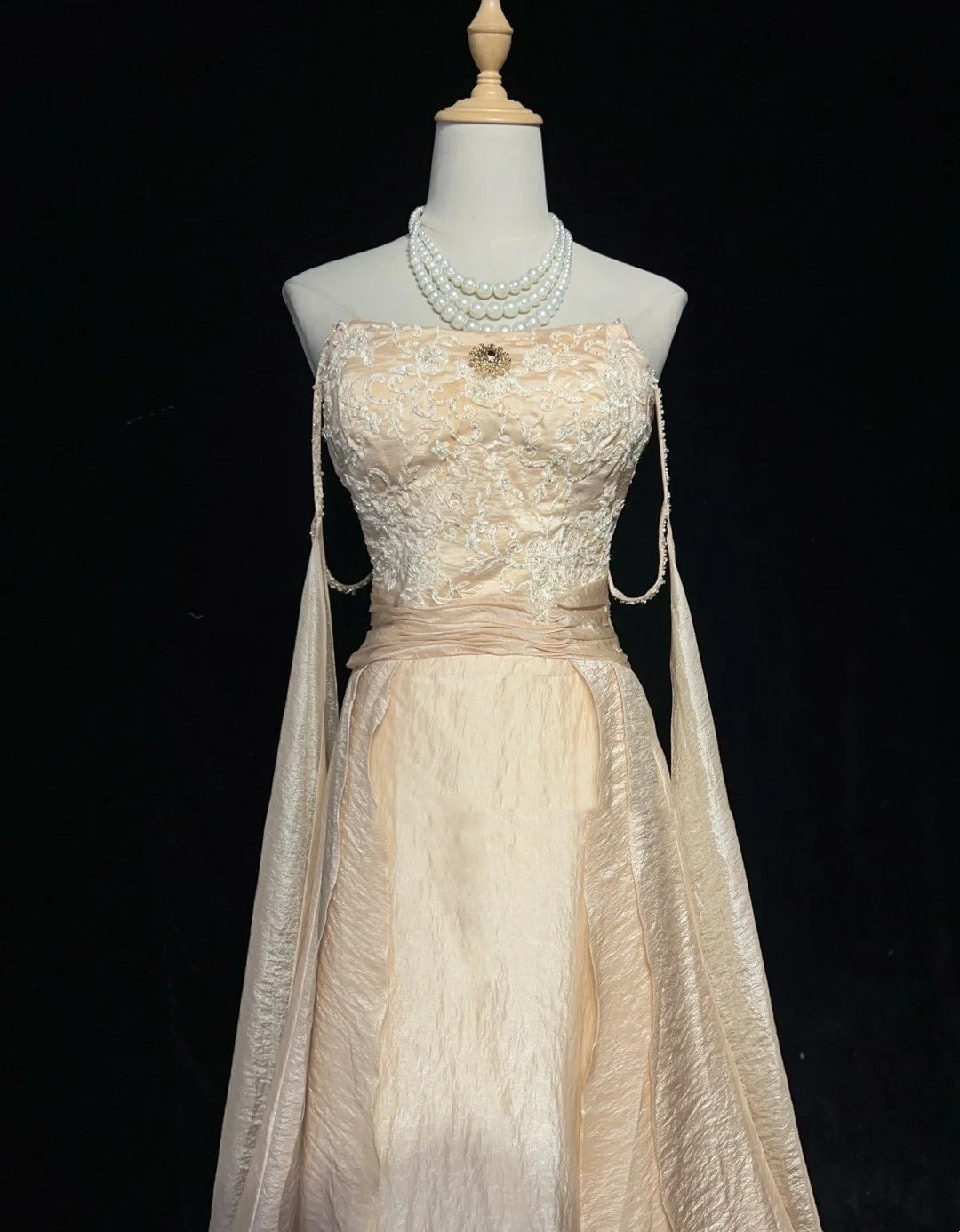 Vintage Prom Dresses A line Spaghetti Strap Champagne With Long Sleeves 90s Evening Gown N3001