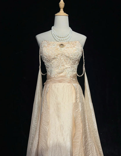 Vintage Prom Dresses A line Spaghetti Strap Champagne With Long Sleeves 90s Evening Gown N3001
