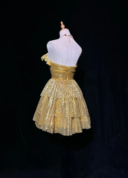 Short Prom Dress A line Sweetheart Gold Sequin Short Length Hoco Graduation Party Dresses RC1140