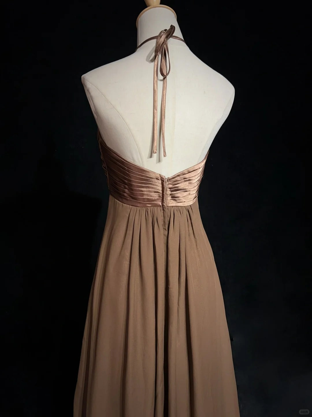 Vintage Prom Dresses A Line Halter Brown Sleeveless Chiffon 80s Long Formal Gown N2759