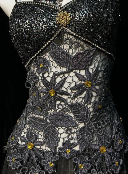 Black Prom Dress Inspo A Line Spaghetti Straps Satin Lace Long Birthday Outfits Formal Party Gown RC0101
