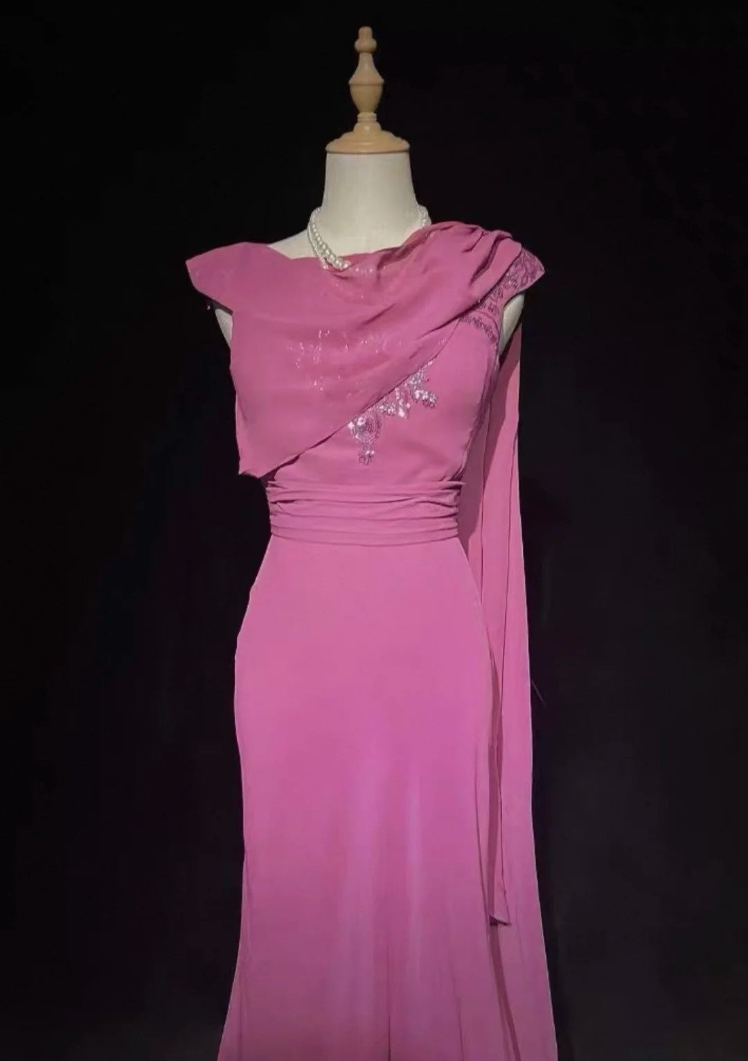 Vintage Prom Dresses Mermaid One Shoulder Hot Pink Chiffon Sleeveless 1990s Long Formal Evening Gown N2638