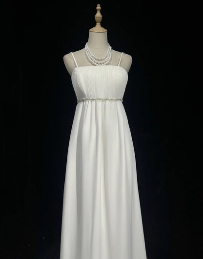 White Prom Dress Inspo A line Spaghetti Straps With Beading Modest Long Formal Party Gown RC0087